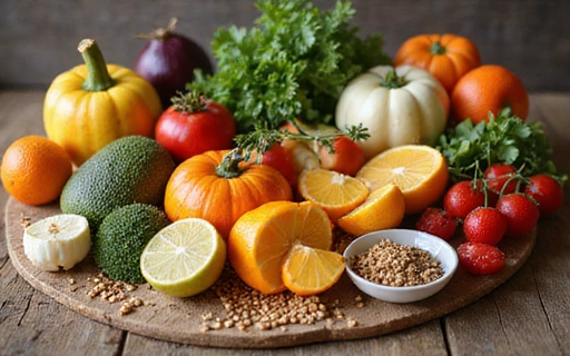 Varietà di frutta fresca, verdura e cereali su un tavolo di legno, simbolo di alimentazione sana e naturale