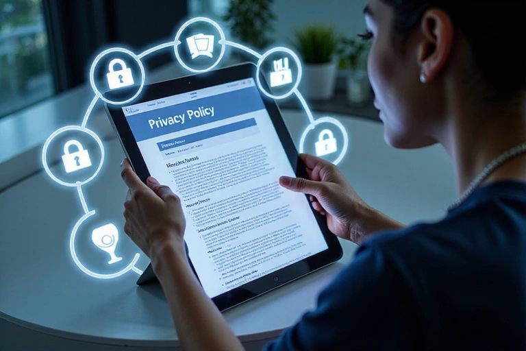 Una persona che legge un documento sulla privacy con simboli di sicurezza e dati personali intorno.