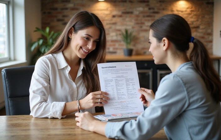 Una nutrizionista che interagisce con un cliente in un ambiente accogliente, esaminando un piano alimentare e discutendo obiettivi di salute, con un focus sulla comunicazione personalizzata.